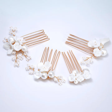 Ceramic White Flower Blossom Faux Pearl Set Of 4 Dainty Hair comb, Bridal Hair piece, Bridal Hair Accessories, Wedding Hair Accessory.
